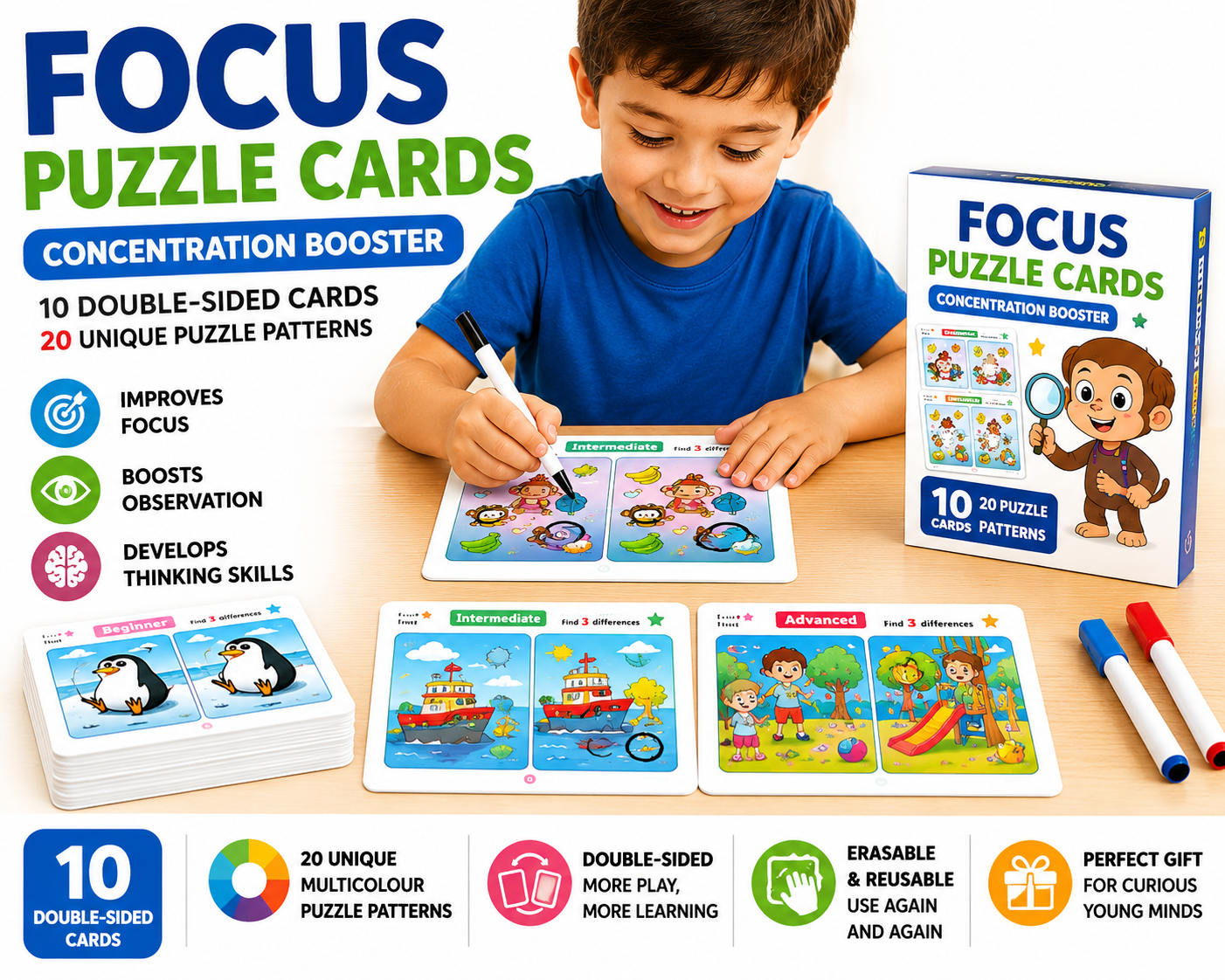🧠 Focus Training Puzzle Cards Erasable & Reusable  Brain Development Toy