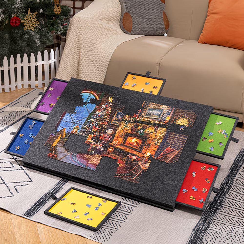 Premium Felt Jigsaw Puzzle Board — 6 Colour-Coded Drawers, Dustproof Cover & Tilt Stand | Up to 1000 Pieces