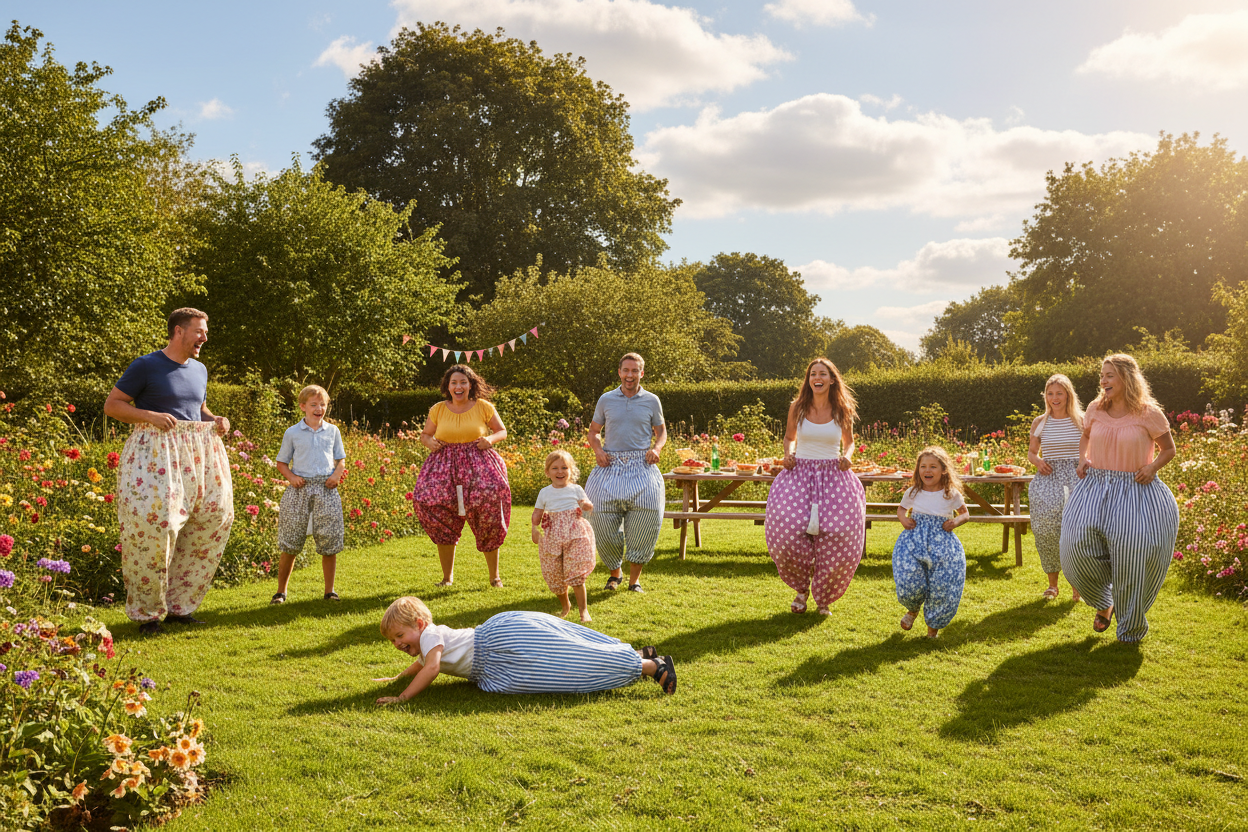 Family playing Granny Pants yard game in sunny garden