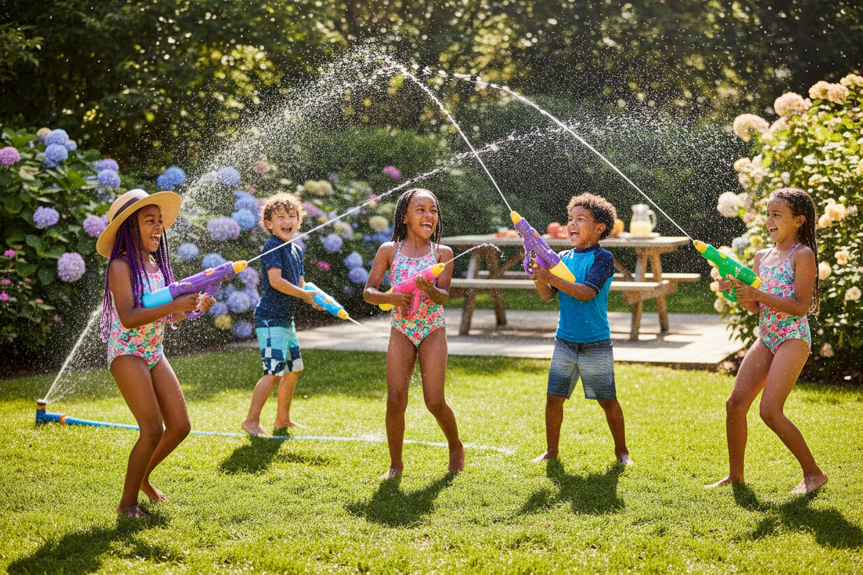Children laughing and playing with colourful fireworks water cannons in a sunny garden